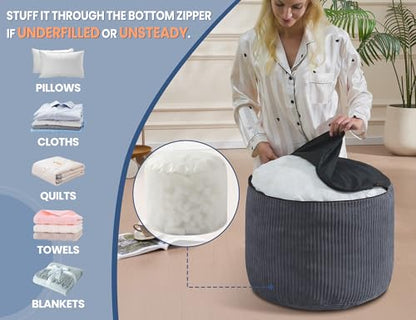 Pouf Ottoman, Corduroy Round Gray Foot Stools Ottomans, 20x15in