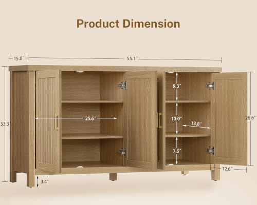 55" Buffet Cabinet with Storage & 4 Adjustable Shelves, Natural