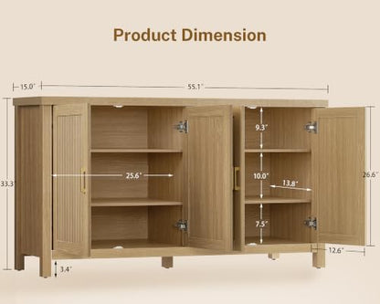 55" Buffet Cabinet with Storage & 4 Adjustable Shelves, Natural