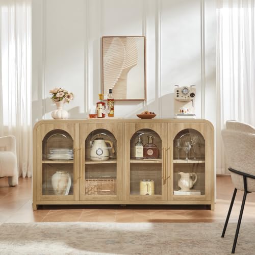 65" Sideboard Buffet Cabinet with Arched Glass Doors, Natural