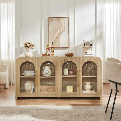 65" Sideboard Buffet Cabinet with Arched Glass Doors, Natural