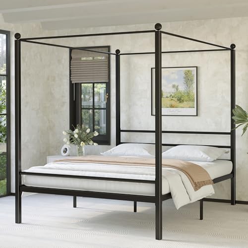 Canopy Bed Frame Queen, Four Poster Metal Frame, Black