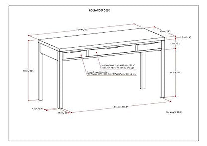Hollander 60" Wide Solid Wood Writing Desk in White