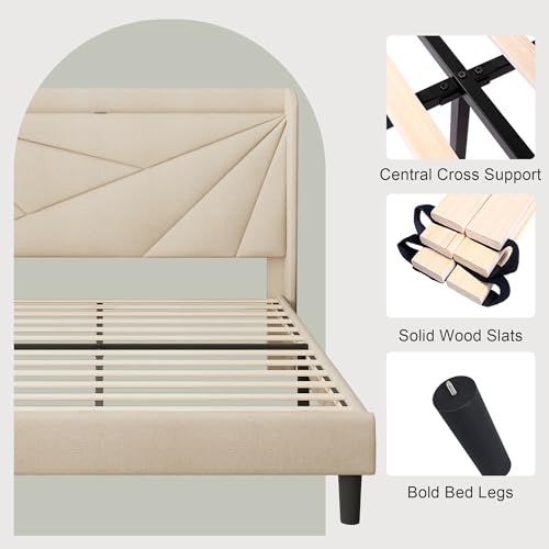 Queen Size Bed Frame with Charging Station, Linen Upholstered Platform Bed Frame with Wingback Storage Headboard, Solid Wood Slats Support, No Box Spring Needed, Noise Free, Beige