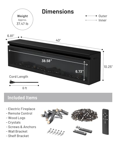 FLAMEBAR Freestanding Electric Fireplace, 40 Inch Wide, Modern Design