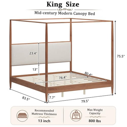 Mid Century King Size Wood Canopy Bed Frame, Walnut Posters Platform Bed