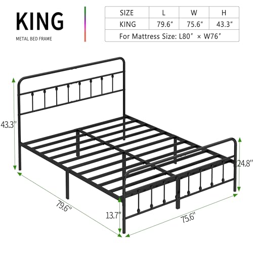 King Size Metal Bed Frame with Headboard and Footboard,Black