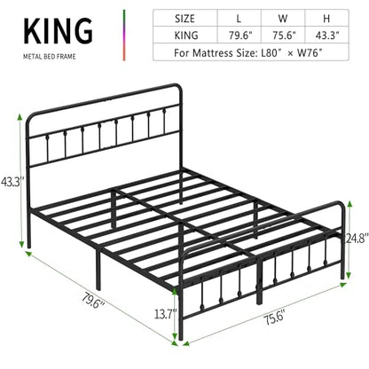 King Size Metal Bed Frame with Headboard and Footboard,Black