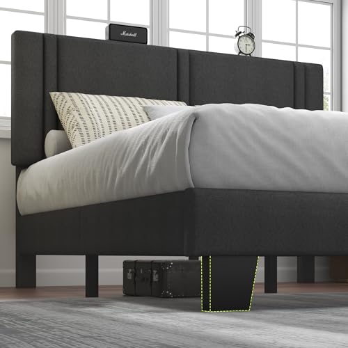 Queen Platform Bed Frame, Fabric Upholstered Queen Bed Frame, Solid Wood Slats & Heavy Duty Feet Support, No Box Spring Needed, Noise-Free, Easy Assembly, Dark Grey