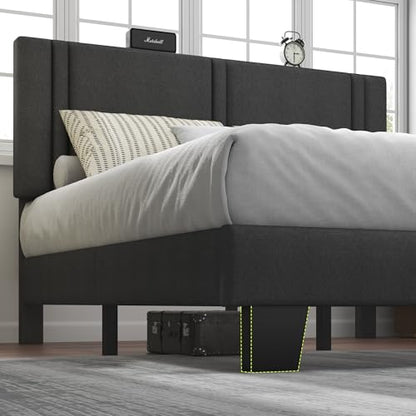 Queen Platform Bed Frame, Fabric Upholstered Queen Bed Frame, Solid Wood Slats & Heavy Duty Feet Support, No Box Spring Needed, Noise-Free, Easy Assembly, Dark Grey