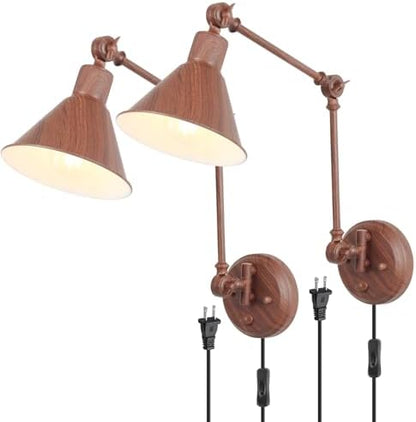 TRLIFE Plug in Wall Sconces, Dimmable Wall Sconces Set of 2 Plug in Swing Arm Wall Lights, Adjustable Wall Mounted Light Wall Lights with 6FT Plug in Cord, E26 Base(Two Arms, Walnut Color)