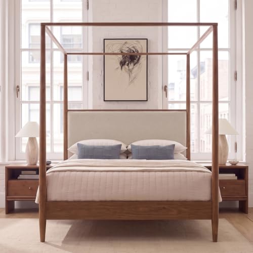 Mid Century King Size Wood Canopy Bed Frame, Walnut Posters Platform Bed