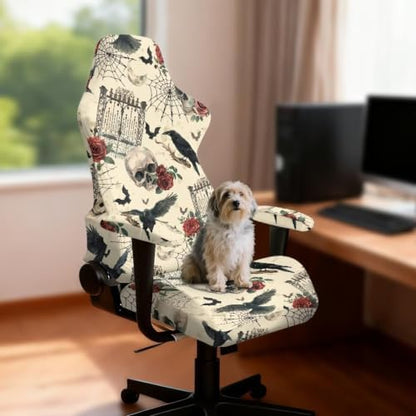 Halloween Vintage Skull Rose Gothic Gaming Chair Cover Stretchable Game Chair Slipcovers with 2 Armrest Covers, Scratch-Proof Gamer Desk Chair Covers for Computer Office Seat