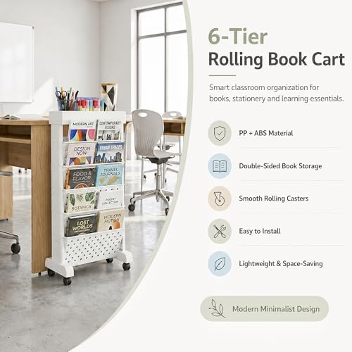 6-Tier Rolling Bookshelf Magazine Rack with Wheels White