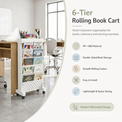 6-Tier Rolling Bookshelf Magazine Rack with Wheels White