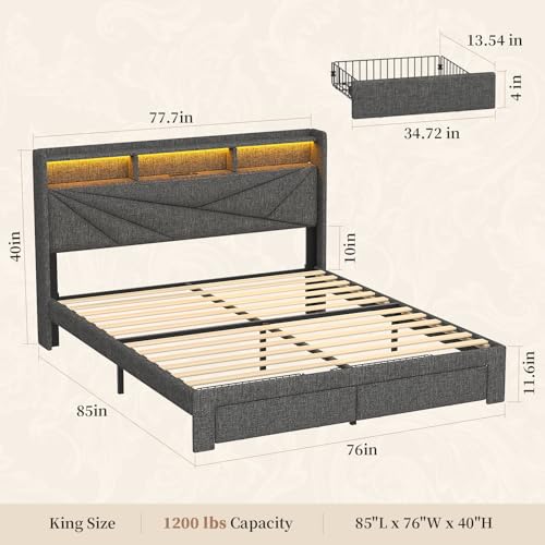 King Size Bed Frame with Storage Headboard, Upholstered King Platform Bed Frame with LED Lights, USB Charging Station & 2 Storage Drawers, No Box Spring Needed, Dark Grey