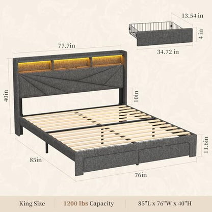 King Size Bed Frame with Storage Headboard, Upholstered King Platform Bed Frame with LED Lights, USB Charging Station & 2 Storage Drawers, No Box Spring Needed, Dark Grey