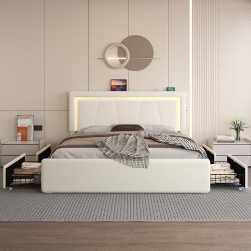 Queen Size Bed Frame with 4 Storage Drawers, LED Light, White Upholstered