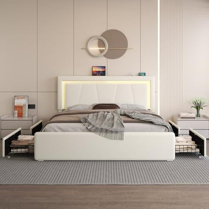 Queen Size Bed Frame with 4 Storage Drawers, LED Light, White Upholstered