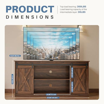 Farmhouse TV Stand for 65" TV, Media Console, Sliding Barn Doors