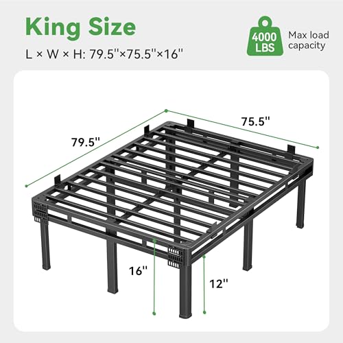 King Bed Frame, 16 inch Metal Bed Frame & Box Spring 2 in 1 Design