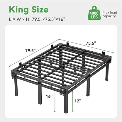 King Bed Frame, 16 inch Metal Bed Frame & Box Spring 2 in 1 Design