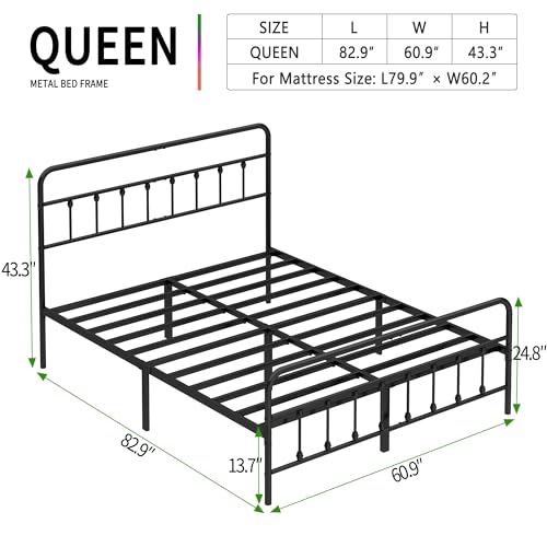 Queen Size Metal Bed Frame with Headboard and Footboard,Black