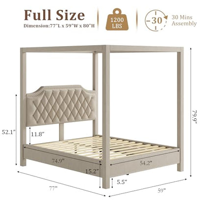Upholstered Full Size Bed Frame with Canopy Poles and Headboard