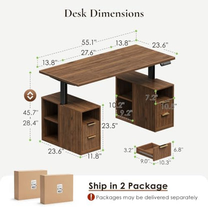 OffiGo Fluted 55 Inch Electric Standing Desk with 2 Storage Cabinet, Walnut