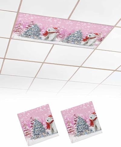 Pink Christmas Magnetic Fluorescent Light Covers for Ceiling Lights 2 x 4 Feet,Snowflakes Retro Snowy Xmas Tree Bear Office Classroom Kitchen Drop Ceiling Light Covers Filters Shade Panel 2 Packs