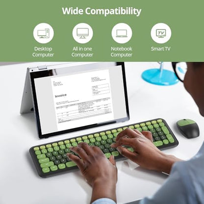 Surmen Dark Green Keyboard and Mouse Wireless Quiet, Full-Size Girly Cute Keyboard Mouse Retro Typewriter Low-Noise 2.4GHz for Computer, Desktop, Laptop (6-Black Green)