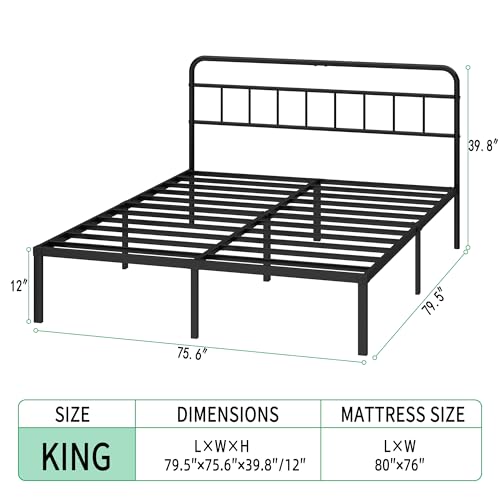 King Bed Frame with Classic Headboard, Black
