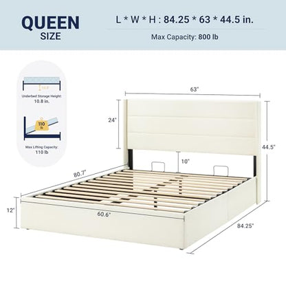 Queen Size Chenille Lift Up Hydraulic Storage Bed Frame Cream White