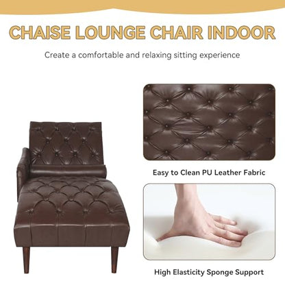 PU Leather Chaise Lounge Chair Indoor, Side Armrest, Dark Brown