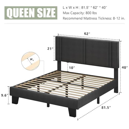 Queen Platform Bed Frame, Fabric Upholstered Queen Bed Frame, Solid Wood Slats & Heavy Duty Feet Support, No Box Spring Needed, Noise-Free, Easy Assembly, Dark Grey