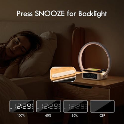 WILIT Bedside Lamp with Alarm Clock, Sunrise Wake-up Light, Wood Grain