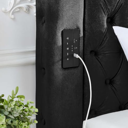 Queen Size Canopy Bed Frame, Velvet Upholstered Bed with Headboard, Black