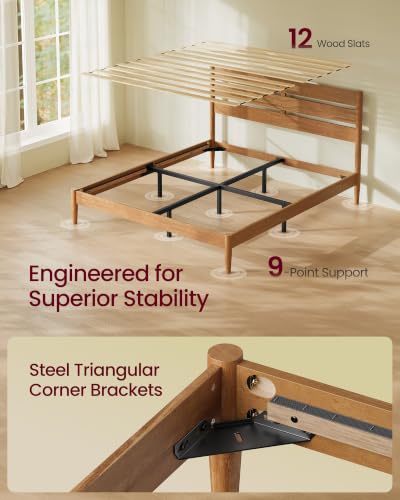 Queen Bed Frame, Wood Platform Bed with Headboard Storage Shelf