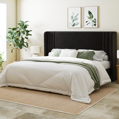 King Size Velvet Platform Bed Frame, Tall Wingback Headboard, Black