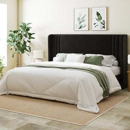 King Size Velvet Platform Bed Frame, Tall Wingback Headboard, Black