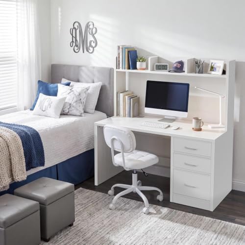 Wood Desk with Hutch and 3 Drawers， White