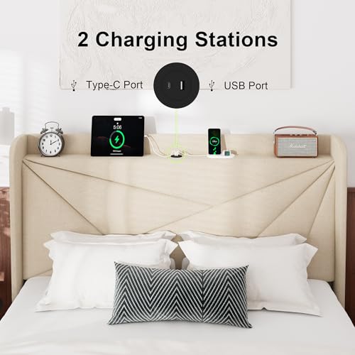 Queen Size Bed Frame with Charging Station, Linen Upholstered Platform Bed Frame with Wingback Storage Headboard, Solid Wood Slats Support, No Box Spring Needed, Noise Free, Beige