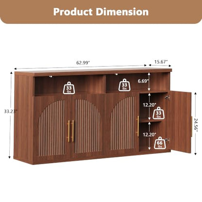 63" Wide Fluted Buffet Cabinet with Open Storage Shelf, Walnut