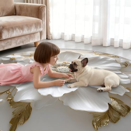 Floral Round Area Rug - 5ft Relief Floral Round Rug for Living Room, Modern Luxury Circle Rugs Washable Soft Non-Slip Carpet for Bathroom Bedside Sofa Coffee Table Decor Mat