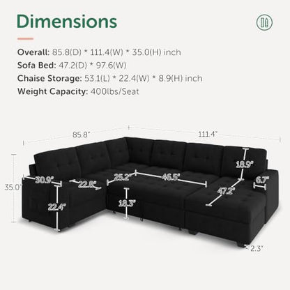 111.4'' Modular Sectional Sleeper Sofa with Pull Out Bed,Black