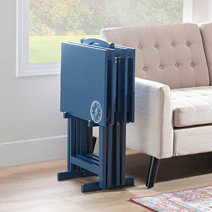 SAMM Navy Trey Table Set with Compass Accent Includes Four Trey Tables and Stand