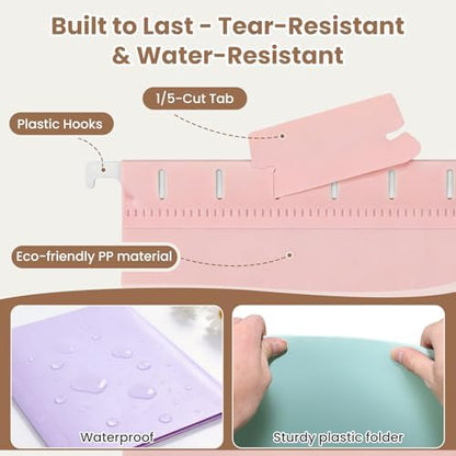 Plastic Hanging File Folders for Letter Size with 1/5 Tabs, Sturdy & Tear-Resistant, 12 Pack Pastel Expandable Hanging File Folders for Filing Cabinet Organizer, Home & Office