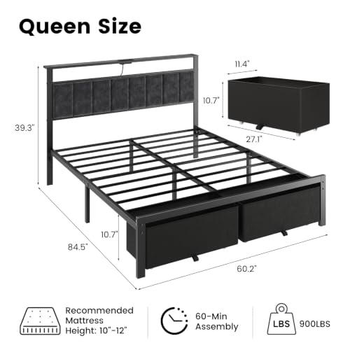 Queen Size Bed Frame with Upholstered Headboard and 2 Storage Drawers