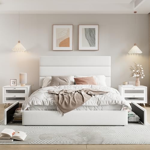 Modern Queen Size Platform Bed Frame with 4 Storage Drawers