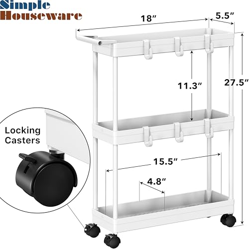 3-Tier Slim Rolling Cart w/Handle 5.5" Wx27.5 H, White